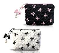 Small Makeup Bag for Handbag Set,2PCS Cute Coquette Hexagonal Bow Make Up Bags Pencil Case Mini Quilted Cosmetic Pouch Travel Organizer with Bow & Pearl Pendant Gift for Women Girls Black & White