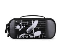 Small Makeup Bag with Handle - Durable PU Leather & Oxford Fabric Portable Mini Cosmetic Case Makeup Brush Holder for Women, Black White Music Note Pencil Case for Travel Office