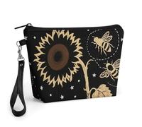 Small Makeup Bag with Handle - PU Leather Yellow Sunflower Bumble Bee Black Fall Cosmetic Bag for Purse Travel Makeup Organizer Toiletry Pouch Portable Zipper Make Up Pouch for Women 8.9x2.6x5.7 in