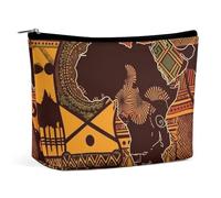 Small Makeup Bag with Zipper African Map Ethnic Pattern Travel Toiletry Bag for Women Leather Cosmetic Bags for Purse Waterproof Portable Zippered Pouch Personalized Mini Make Up Case Organizer