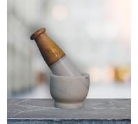 Small Marble Pestle and Mortar with Handcrafted Wood, Compact Kitchen Accessory Set with Marble Blend, 7L x 7W x 6H cm, Brown+White Aosom UK