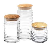 (Small,Medium, Large 63L, 1 x 1.12L, 1 x 1.5L) Clear Ribbed Glass Storage Jar With Airtight Stopper Wooden Lid