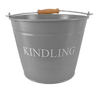 Small Metal Fireside Kindling Bucket with Wooden Handle - Diameter of 23cm (9") - Grey Finish