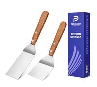 Small Metal Spatula Set,Mini Wooden Spatulas for Kitchen Use,Tiny Griddle Solid Stainless Steel Spatula With Wood Handle for Cake Fish Cookie,Grill Chef Baking Scraper Spatula Turner,2 Pack,Sliver