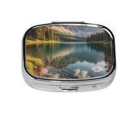 Small Mountain Lake View Sunny Day Nature Printed Pill Organizer Daily,Portable Metal Travel Pill Case Box for Purse and Pocket