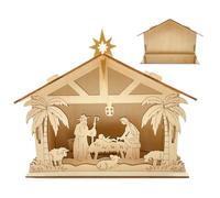 Small Nativity Scene - Wooden Manger With Lighting Christ Religious - Engraved Jesus Christmas Figures | For Indoor, Outdoor, Wall, Window, Stovelwreath, Church, Office