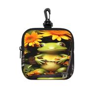 Small Neoprene Pouch, Mini Portable Makeup Bag With Carabiner Keychain Waterproof Travel Coin Purse Storage Bag Frog Sitting Inside Zipper With Flowers Inside Clutch Cosmetic Organizer For Women