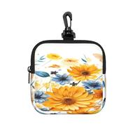 Small Neoprene Pouch, Mini Portable Makeup Bag With Carabiner Keychain Waterproof Travel Coin Purse Storage Bag Sunflowers And Dragonflies On White Background Clutch Cosmetic Organizer For Women