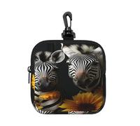 Small Neoprene Pouch, Mini Portable Makeup Bag With Carabiner Keychain Waterproof Travel Coin Purse Storage Bag Pair Of Sunflowers And Zebra On Dark Background Clutch Cosmetic Organizer For Women