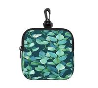 Small Neoprene Pouch, Mini Portable Makeup Bag With Carabiner Keychain Waterproof Travel Coin Purse Storage Bag Pattern With Green Leaves On Blue Background Clutch Cosmetic Organizer For Women