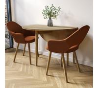 Small Oak Drop Leaf Dining Table Set with 2 Burnt Orange Upholstered Chairs - Seats 2 - Rudy