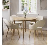 Small Oak Drop Leaf Dining Table Set with 4 Beige Upholstered Chairs - Seats 4 - Rudy
