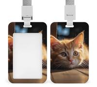 Small Orange Cat Id Badge Holder with Lanyard, Clear Vertical Card Protector Waterproof, Breakaway Safety Neck Strap, Heavy Duty Name Tag Holder for Nurse Teacher Officer Staff Women Men