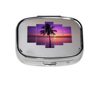 Small Palm Tree Purple Sunset Printed Pill Organizer Daily,Portable Metal Travel Pill Case Box for Purse and Pocket