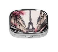 Small Paris Street Eiffel Tower Floral Printed Pill Organizer Daily,Portable Metal Travel Pill Case Box for Purse and Pocket