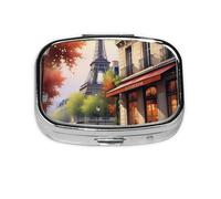 Small Paris Street Eiffel Tower Painting Printed Pill Organizer Daily,Portable Metal Travel Pill Case Box for Purse and Pocket