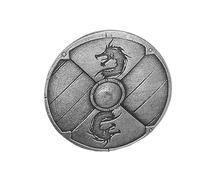 Small Pewter Viking Dragon Shield Lapel Pin Badge in a Grey Burlap Pouch