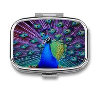 Small Pill Box 2 Compartment Medicine Pill Case Portable Beauty Peacock Printed Pill Container for Pocket Or Purse Pill Box Metal Medicine Vitamin Organizer
