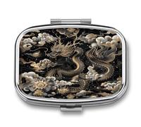 Small Pill Box 2 Compartment Medicine Pill Case Portable Black Chinese Dragon Printed Pill Container for Pocket Or Purse Pill Box Metal Medicine Vitamin Organizer