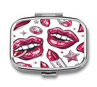 Small Pill Box 2 Compartment Medicine Pill Case Portable Cartoon Style Lips Printed Pill Container for Pocket Or Purse Pill Box Metal Medicine Vitamin Organizer
