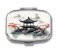 Small Pill Box 2 Compartment Medicine Pill Case Portable Chinese Ink Painting Printed Pill Container for Pocket Or Purse Pill Box Metal Medicine Vitamin Organizer