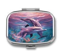 Small Pill Box 2 Compartment Medicine Pill Case Portable Dolphins Art Printed Pill Container for Pocket Or Purse Pill Box Metal Medicine Vitamin Organizer
