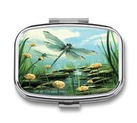 Small Pill Box 2 Compartment Medicine Pill Case Portable Dragonflies in Flight Printed Pill Container for Pocket Or Purse Pill Box Metal Medicine Vitamin Organizer