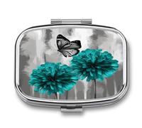 Small Pill Box 2 Compartment Medicine Pill Case Portable Gray Teal Flower Butterfly Printed Pill Container for Pocket Or Purse Pill Box Metal Medicine Vitamin Organizer