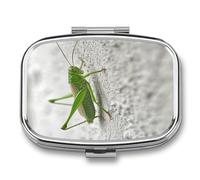 Small Pill Box 2 Compartment Medicine Pill Case Portable Green Grasshopper Image Printed Pill Container for Pocket Or Purse Pill Box Metal Medicine Vitamin Organizer