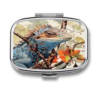 Small Pill Box 2 Compartment Medicine Pill Case Portable Lizard on The Branch Printed Pill Container for Pocket Or Purse Pill Box Metal Medicine Vitamin Organizer