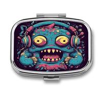Small Pill Box 2 Compartment Medicine Pill Case Portable Love Music Monster Printed Pill Container for Pocket Or Purse Pill Box Metal Medicine Vitamin Organizer
