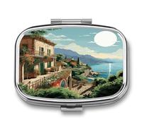 Small Pill Box 2 Compartment Medicine Pill Case Portable Mediterranean Summer Printed Pill Container for Pocket Or Purse Pill Box Metal Medicine Vitamin Organizer