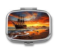 Small Pill Box 2 Compartment Medicine Pill Case Portable Pirate Ship in The Sunset Printed Pill Container for Pocket Or Purse Pill Box Metal Medicine Vitamin Organizer