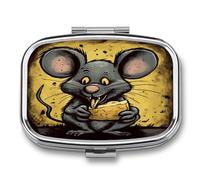 Small Pill Box 2 Compartment Medicine Pill Case Portable Rat Eats A Piece of Cheese Printed Pill Container for Pocket Or Purse Pill Box Metal Medicine Vitamin Organizer