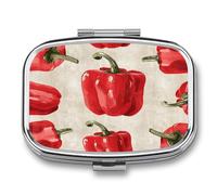 Small Pill Box 2 Compartment Medicine Pill Case Portable Red Bell Pepper Pattern Printed Pill Container for Pocket Or Purse Pill Box Metal Medicine Vitamin Organizer