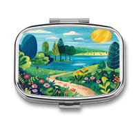 Small Pill Box 2 Compartment Medicine Pill Case Portable Rural Landscape Painting Printed Pill Container for Pocket Or Purse Pill Box Metal Medicine Vitamin Organizer