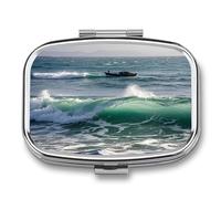 Small Pill Box 2 Compartment Medicine Pill Case Portable Smooth Sea View Printed Pill Container for Pocket Or Purse Pill Box Metal Medicine Vitamin Organizer