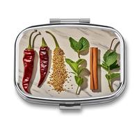 Small Pill Box 2 Compartment Medicine Pill Case Portable Spice Pepper Printed Pill Container for Pocket Or Purse Pill Box Metal Medicine Vitamin Organizer