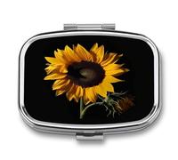 Small Pill Box 2 Compartment Medicine Pill Case Portable Sunflower Black Background Printed Pill Container for Pocket Or Purse Pill Box Metal Medicine Vitamin Organizer