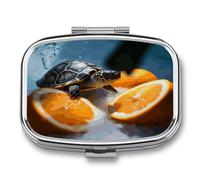 Small Pill Box 2 Compartment Medicine Pill Case Portable Turtles Emerging from Oranges Printed Pill Container for Pocket Or Purse Pill Box Metal Medicine Vitamin Organizer
