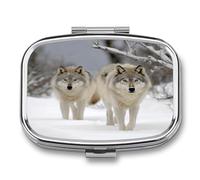 Small Pill Box 2 Compartment Medicine Pill Case Portable Two Wolves Walking in The Snow Printed Pill Container for Pocket Or Purse Pill Box Metal Medicine Vitamin Organizer
