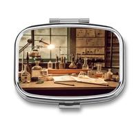 Small Pill Box 2 Compartment Medicine Pill Case Portable Vintage Chemistry Lab Printed Pill Container for Pocket Or Purse Pill Box Metal Medicine Vitamin Organizer