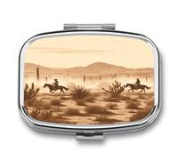Small Pill Box 2 Compartment Medicine Pill Case Portable West Desert Riding Horses Printed Pill Container for Pocket Or Purse Pill Box Metal Medicine Vitamin Organizer