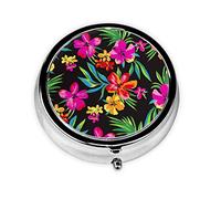 Small Pill Box for Purse 3 Compartment Hawaiian Flower Printed Round Metal Pill Organizer Cute Pill Case Travel Pill Container Medicine Organizer Box Pill Pockets Pill Holder