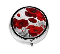 Small Pill Box for Purse 3 Compartment Red Poppy Flower Printed Round Metal Pill Organizer Cute Pill Case Travel Pill Container Medicine Organizer Box Pill Pockets Pill Holder
