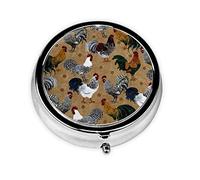 Small Pill Box for Purse 3 Compartment Rooster and Chicken Print Printed Round Metal Pill Organizer Cute Pill Case Travel Pill Container Medicine Organizer Box Pill Pockets Pill Holder