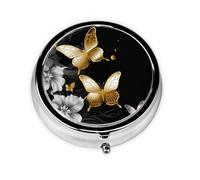 Small Pill Box Pocket Pill Box and Purse Portable Pill Organizer Cute Medicine Organizer White Gold Butterflies Black Travel Pill Box for Vitamin Supplements