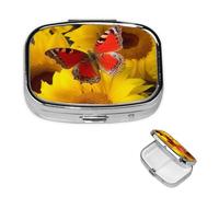 Small Pill Box Pocket Pill Case and Purse Portable Pill Organizer Cute Medicine Organizer Yellow Sunflowers with Red Butterfly Travel Pill Box for