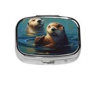 Small Pill Box Portable 2 Compartments Metal Pill Holder Vitamin Organizer Sea Otter for Painting Travel Pill Case for Wallet Pocket
