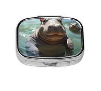 Small Pill Box Portable Pill Box 2 Compartments Metal Pill Vitamin Organizer Cute Cute Hippo Travel Pill Box for Wallet Pocket